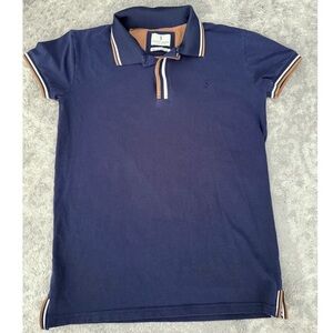 Scott James Polo Shirt UK Blue with Brown & Cream Trim Mens Size Medium